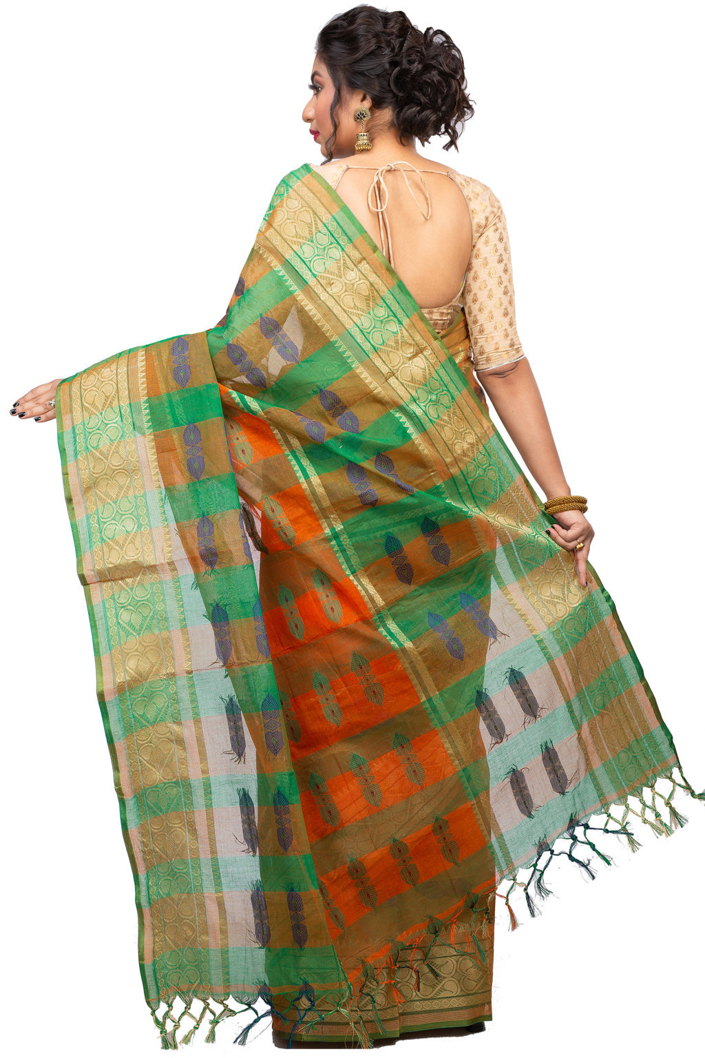 Orange Green Pure Cotton Raj Nandi Desigine Tant Saree (2830)